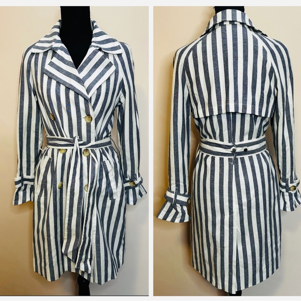 COFFEE SHOP Stripped Trench Coat SMALL Blue/White Stripes